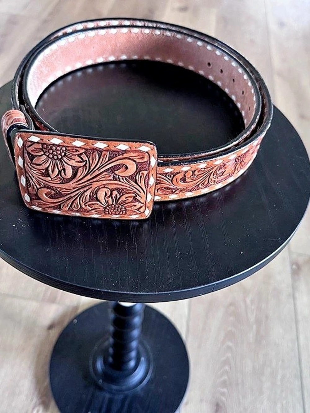 American Darling Floral Tooled Leather Belt Brown with White Buckstitch  Size 44